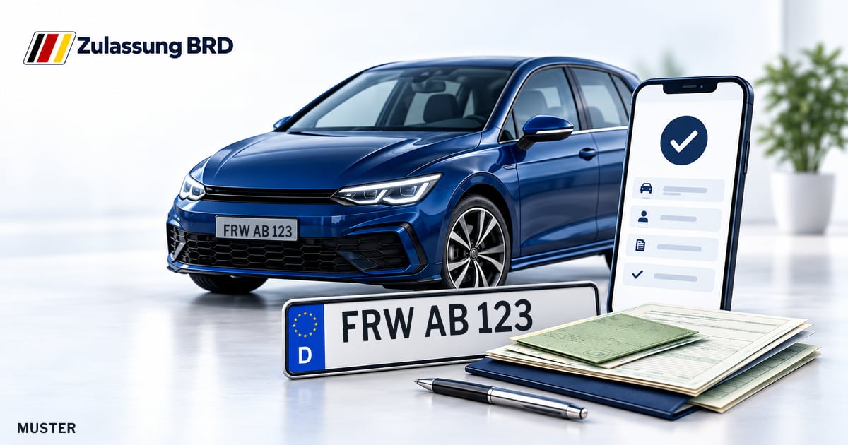 Online Fahrzeugzulassung in Fredersdorf-Vogelsdorf: Musterkennzeichen FRW AB 123, Auto und Fahrzeugpapiere und Smartphone. Illustration mit Logo von Zulassung BRD.
